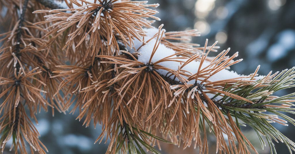 Close view of pine needles turning brown from winter burn on an evergreen tree in Calhoun County