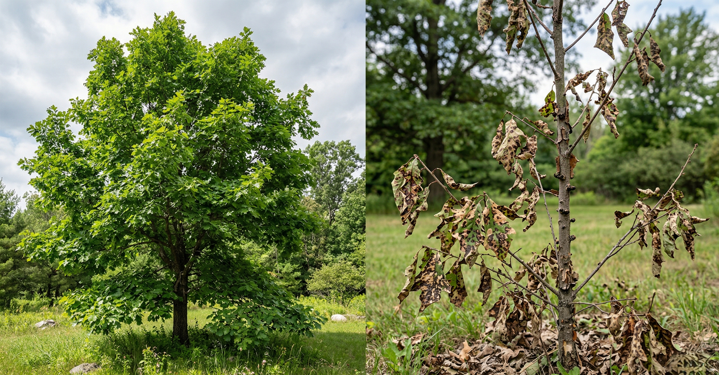 Healthy green tree contrasted with leaves showing symptoms of blight and decay