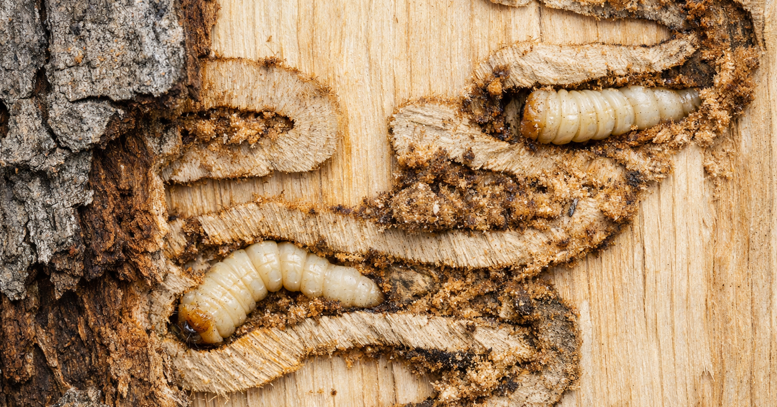 Emerald Ash Borer larvae damage visible under bark of an ash tree in Michigan