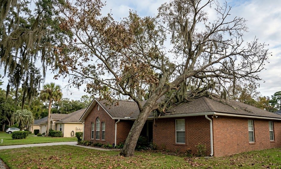 Mature laurel oak leaning near a Jacksonville home with visibl