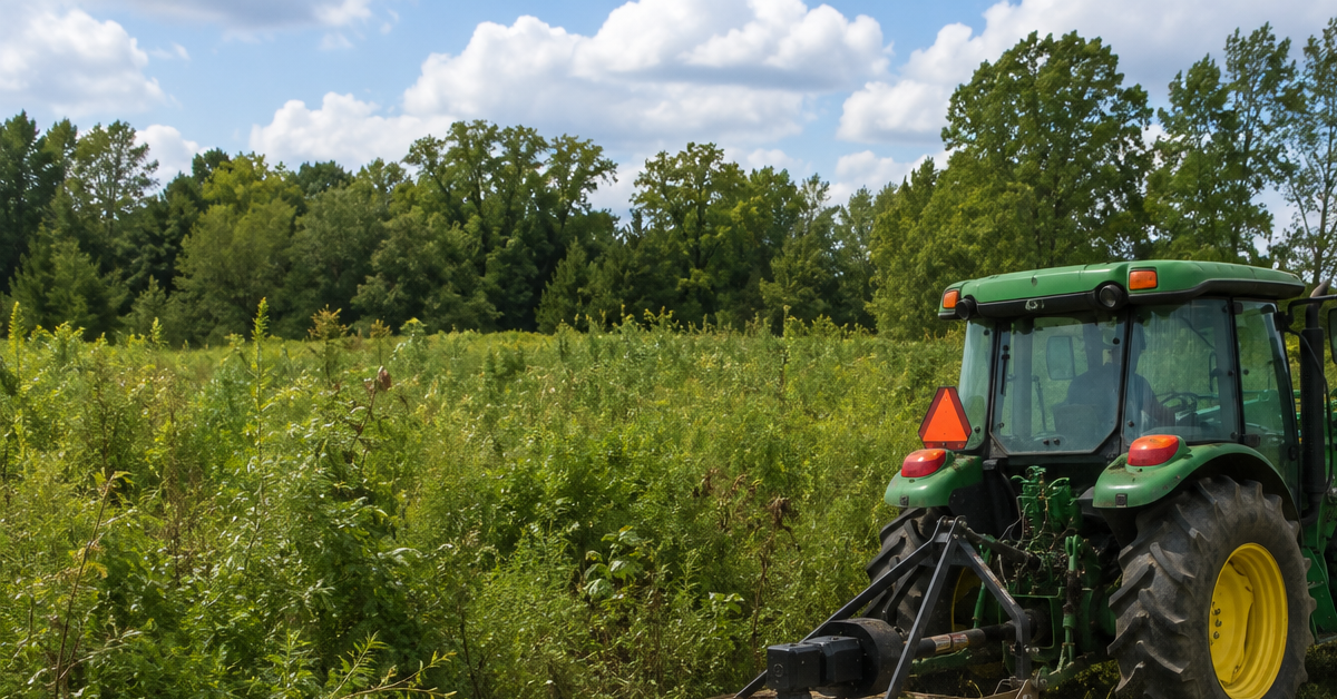 ractor-mounted brush hog clearing an overgrown field with tall weeds and brush in Southwest Michigan