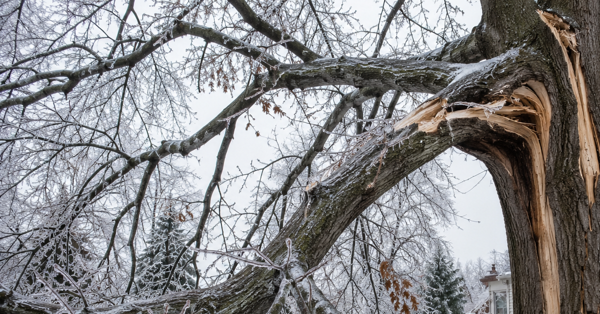 Ice-damaged oak tree with split limbs and structural cracks after a winter ice storm in Battle Creek, Michigan