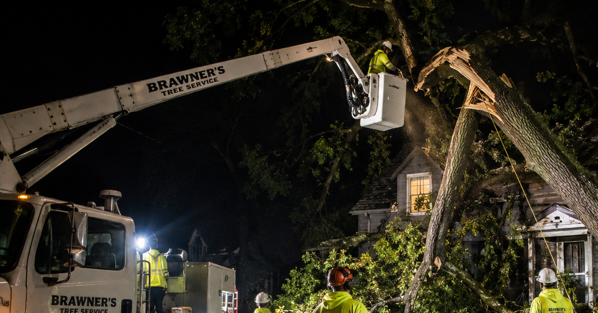 Emergency tree removal crew clearing a storm-damaged oak tree from a residential property at night in Calhoun County, Michigan